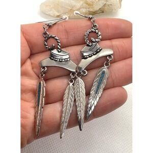 Vintage Southwestern Crushed Turquoise Feather Dangle Earrings SW '92 3.25"
